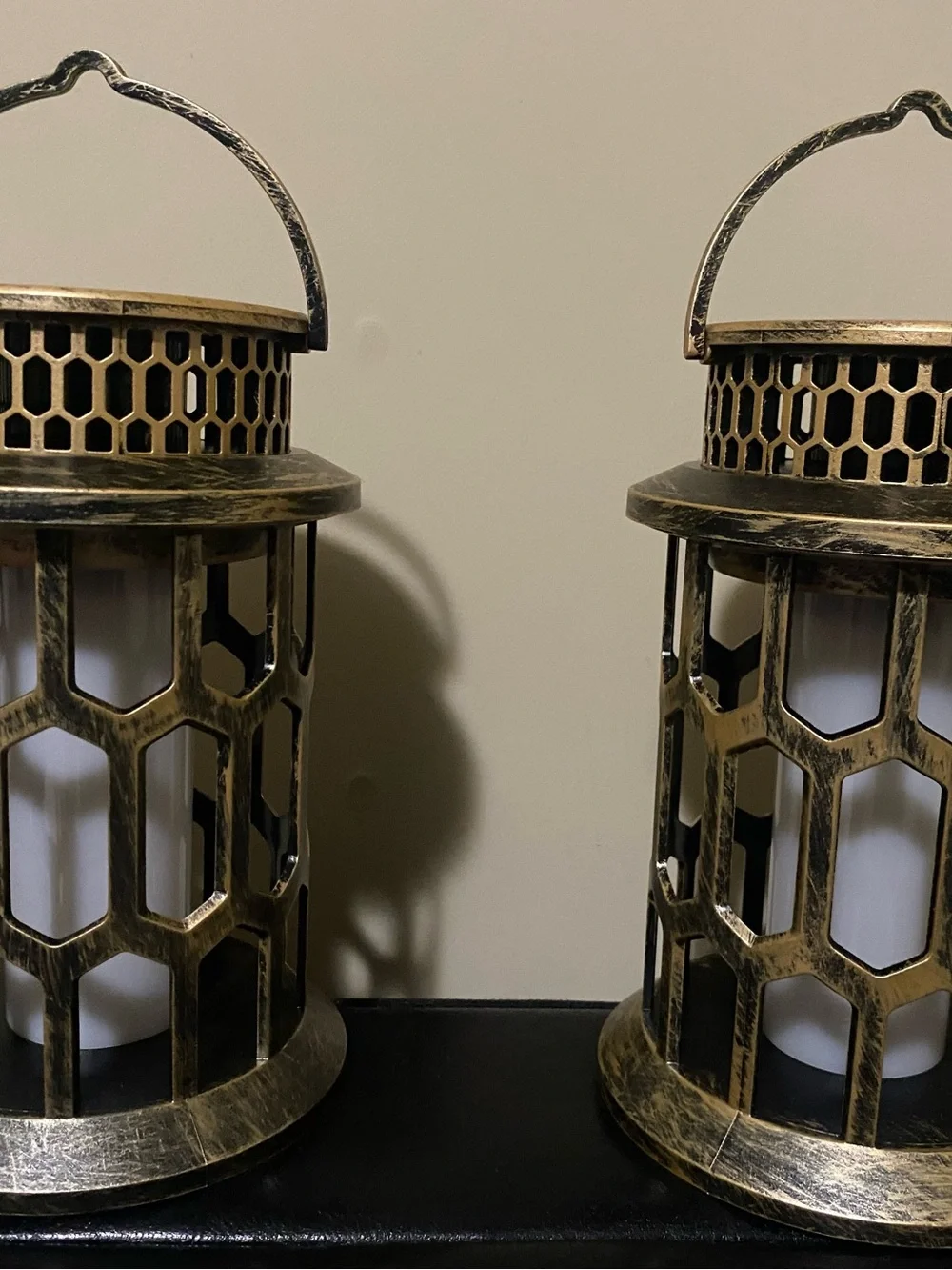 Decorative Metal Lantern Pair in Antiqued Gold